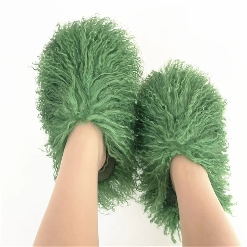 Slippers Winter Women Plush Flat Shoes Outdoor Indoor Fashion Mongolian Fur Slides 221103