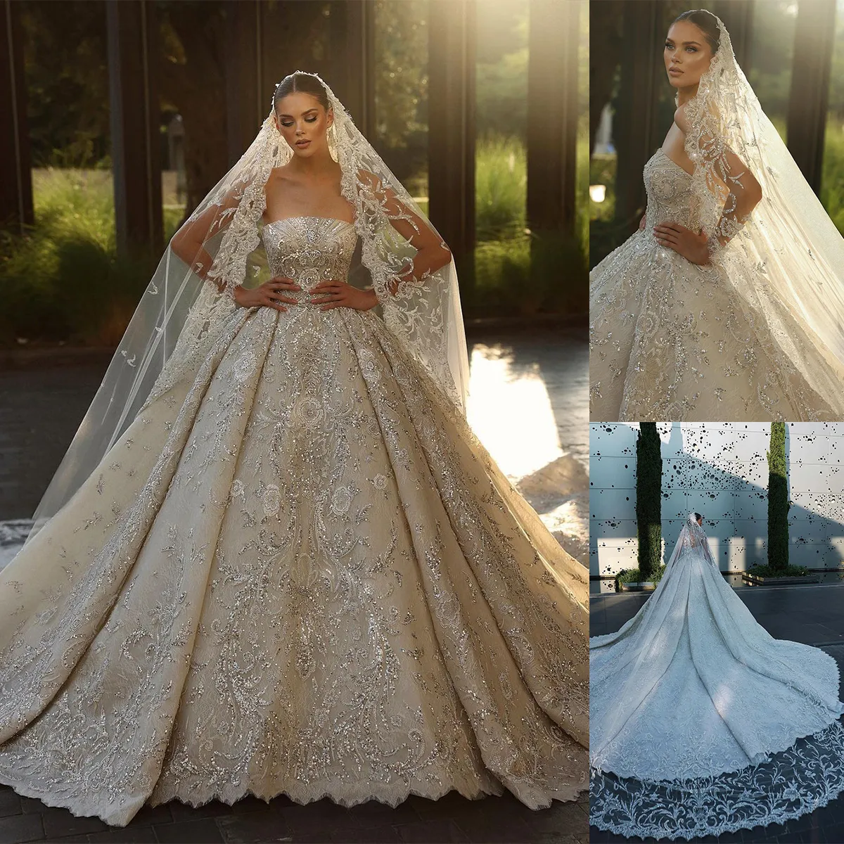 Squisiti abiti da sposa lucenti senza spalline senza maniche abito da ballo paillettes applique in pizzo abiti da sposa Aso Ebi arabo Dubai