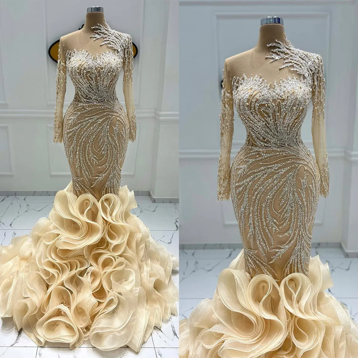 Luxurant prom -jurken Mermaiid unieke ontwerpkraag lieverd lange mouwen kandidaat kralen multi -mold zoom op maat gemaakte plus size prinses gewaden
