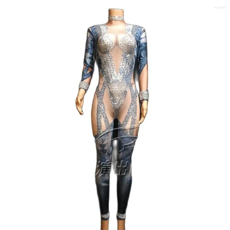 Stage Wear Denim Patroon Print Sparkly AB Strijnbakken Sexy jumpsuit Women Performance Dance Stretch Birthday Nightclub Party Costume