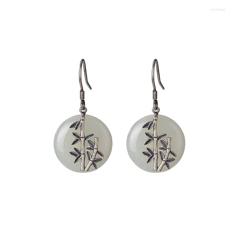 Boucles d'oreilles pendantes en argent Sterling 925 rétro personnalisé feuille de bambou Joint dames collier Hetian Jade paix boucle