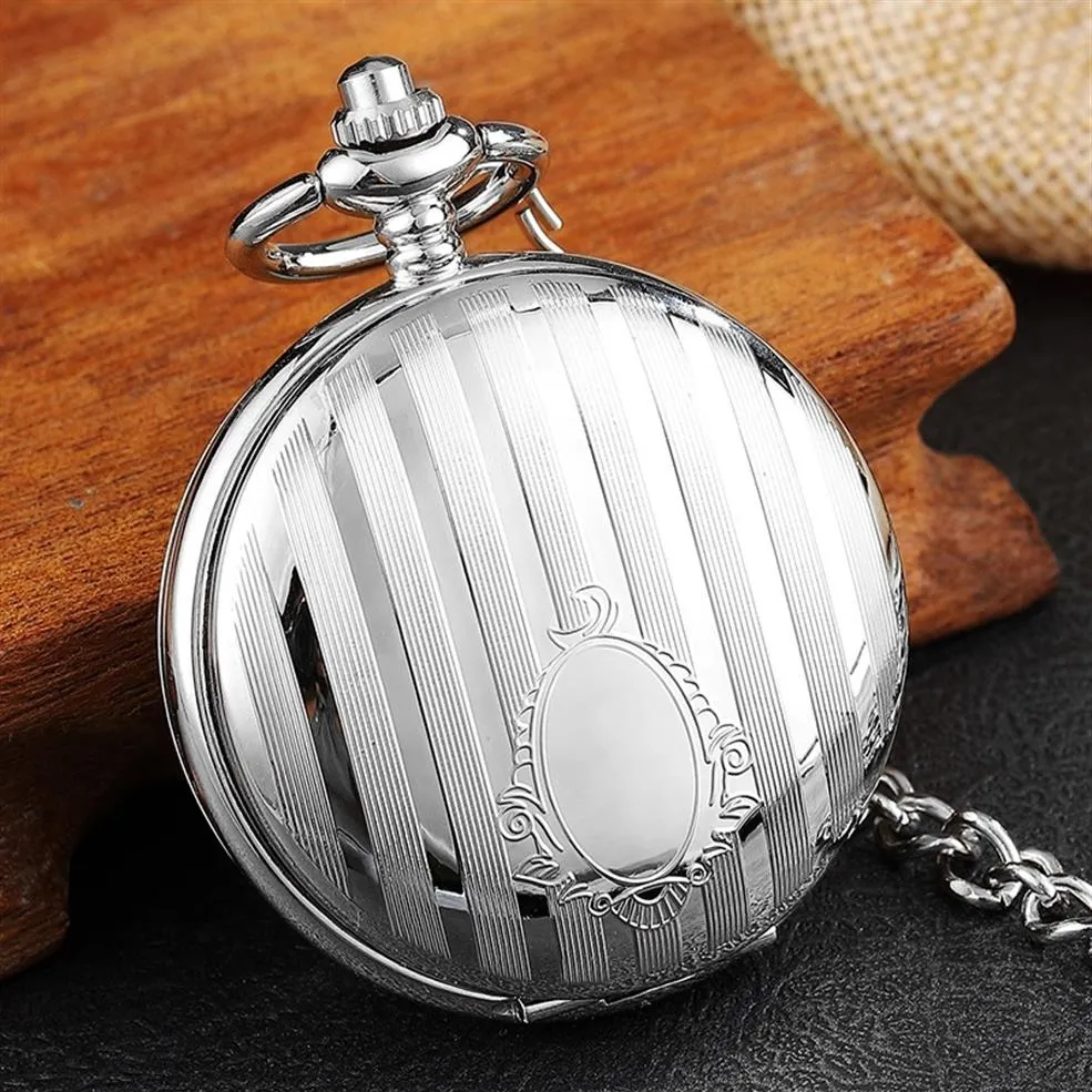 Luxe Silver Stripe Sculpté Vintage Montre De Poche Mécanique Double Face Main Vent Hommes Femmes Squelette Steampunk Chaîne Fob Montres T286G