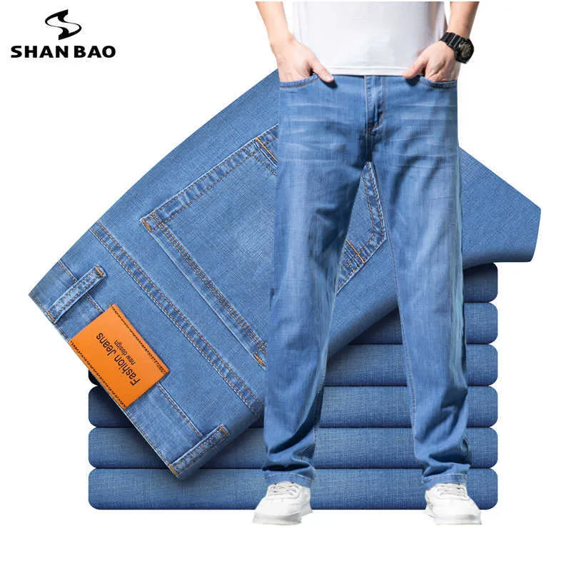 Jeans da uomo SHAN BAO Jeans elasticizzati leggeri allentati dritti 2022 Jeans in denim sottile da uomo stile classico estivo casual da uomo T221102