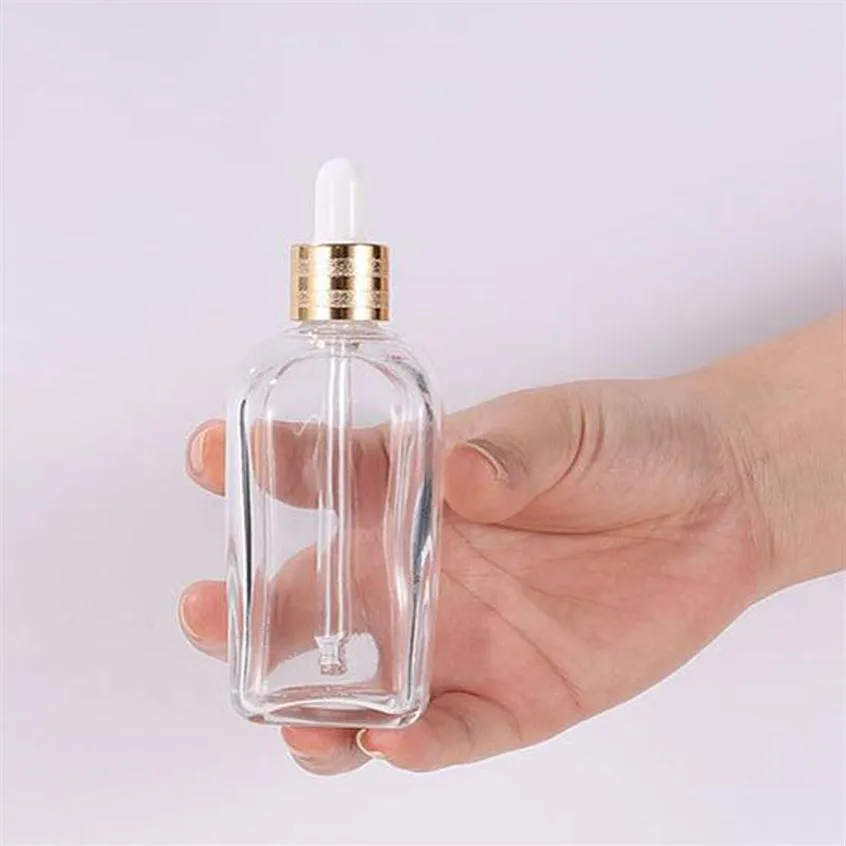 Bottiglia di contagocce quadrata trasparente da 20 ml a olio essenziale da 20 ml bottiglie di siero in vetro da 50 ml con tappo dorato per cosmetico247R