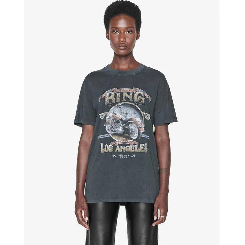 Bings Vintage Motorcykel T Shirt Letter Print Washed T-shirt Los Angeles Aninee Black Grey Cotton Women Kort ärm Tee259N