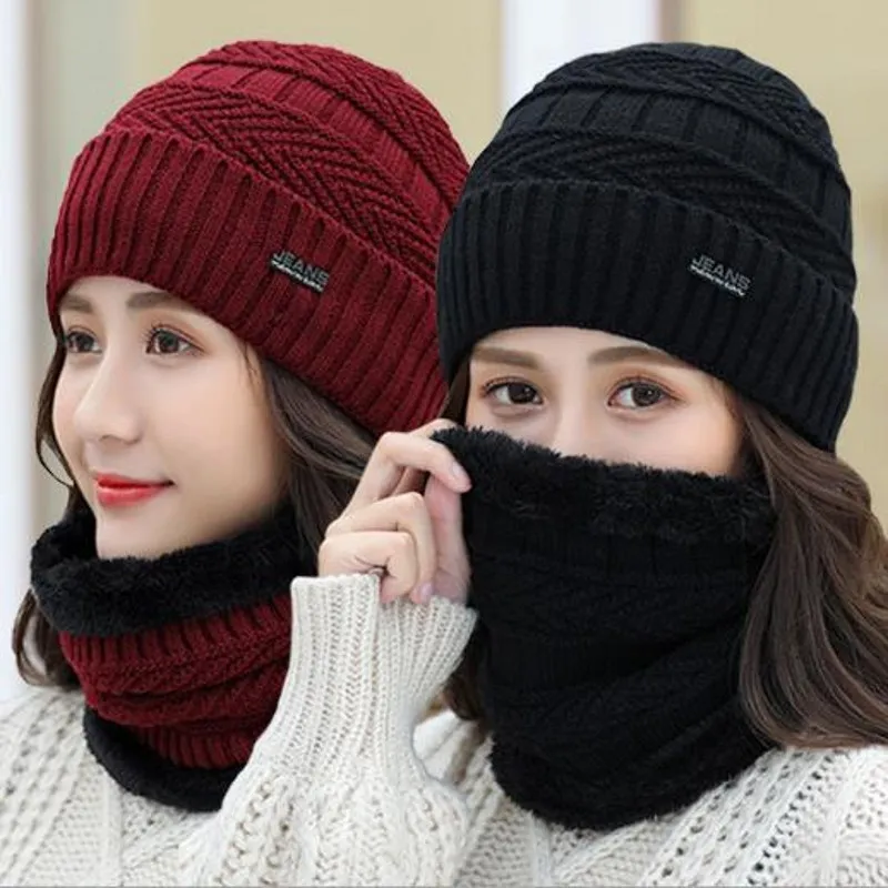 2 pz/set Inverno Caldo Beanie Cappello per Gli Uomini Cappello Lavorato A Maglia Berretto Invernale Donne di Lana Spessa Collo Sciarpa Caps Balaclava maschera Bonnet Cappelli Set