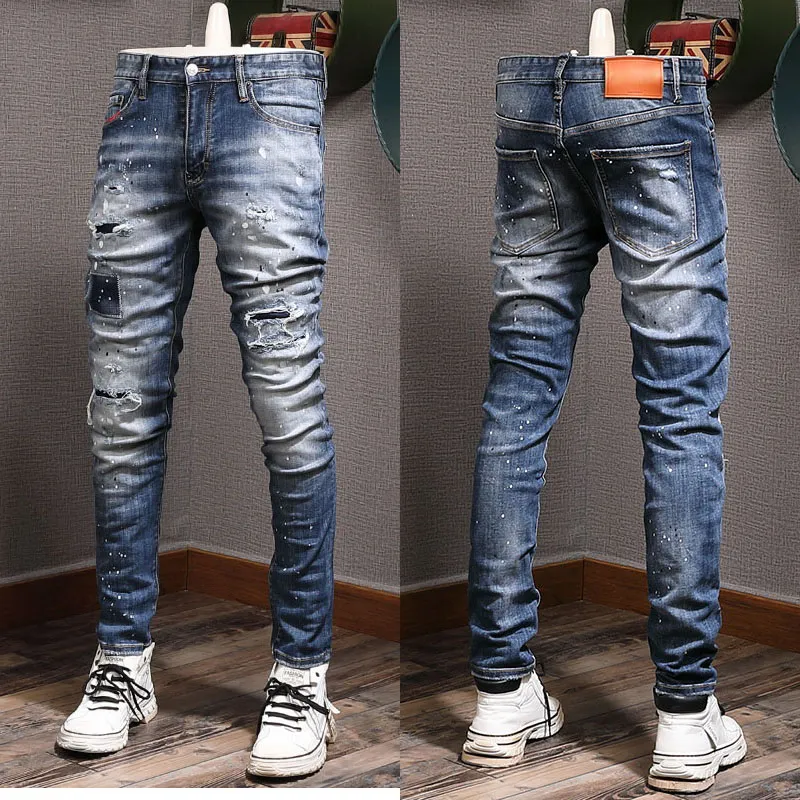 Jeans Motocicleta Masculino Super Damage Lavagem Escura Azul Cowboy Remendos Denim Algodão