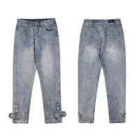 Men`s Jeans Vintage High Street Split Zipper Twist Button Men`s And Women`s Worn Casual PantsMen`s