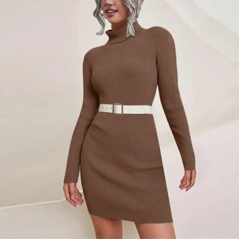 Casual Dresses Ladies Autumn Winter Turtleneck Knitted Sweater Dress Long Sleeve Stretch Sexy For Women