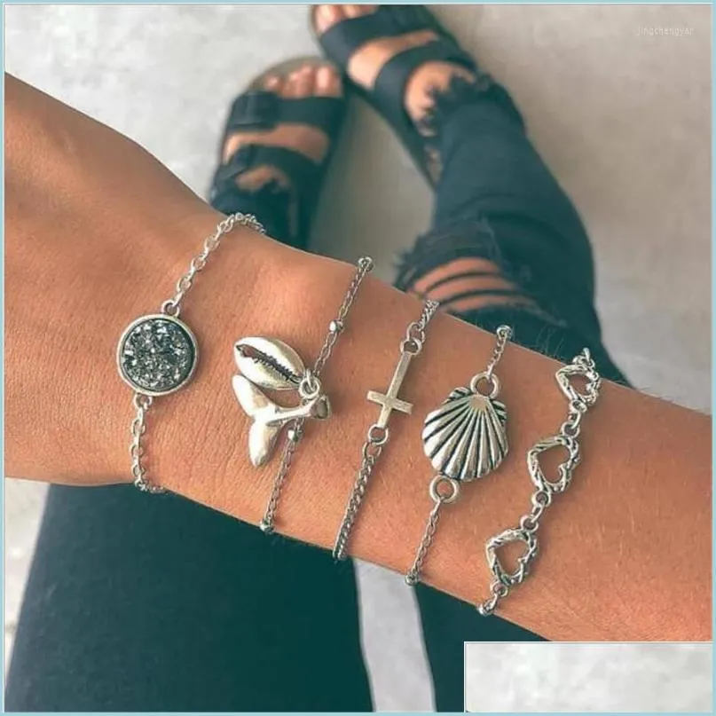 Bangle Bangle 5 PCS/ Set Sier Fashion Armband Shell Fishtail Hollove Love Bandles for Women Wedding Beach Party Friends Gift Jewelle Dhtmr