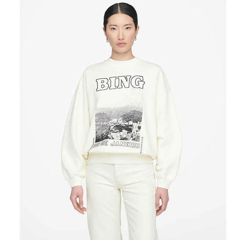 BING Women Designer Sweatshirt Black and White AB Photo Letter Landscape Print Cotton Sweater Hoodie