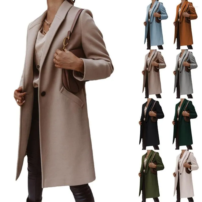 Trenchs de femmes manteaux femmes laine longue automne hiver manches crantée poche bouton solide vêtements d'extérieur pardessus YPZJ-AL8344