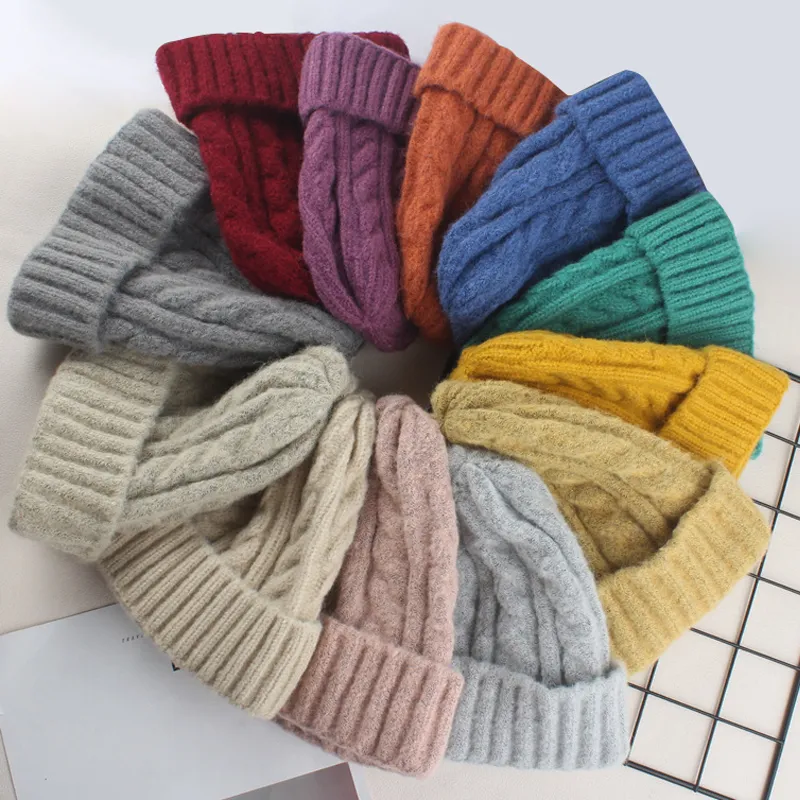 Autumn Winter Hats for Women Girls Wool Blided Knit Wool Par Cap Lady Thread Sticked Beanie Chapeau Femme