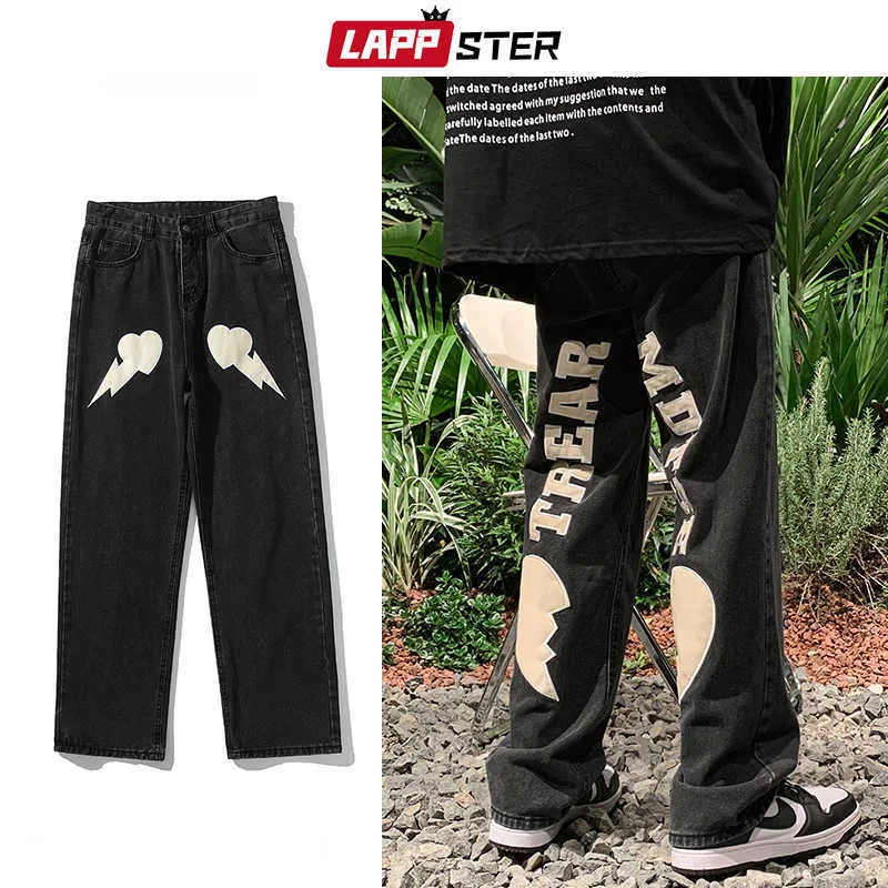 Jeans masculinos Lappster Men Love Black Baggy Low Rise Jeans Pants 2022 Mens Autumn Graphic Wide Denim Troushers Male Casual Streetwear Pants T2221102