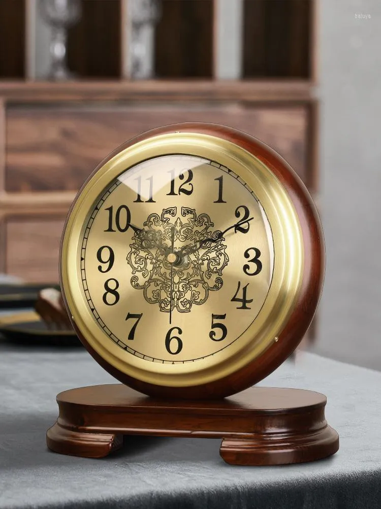 Table Clocks Chinese-Style Solid Wood Brass Clock Seat Living Room Desk Retro American Bedside Old Desktop Decoration