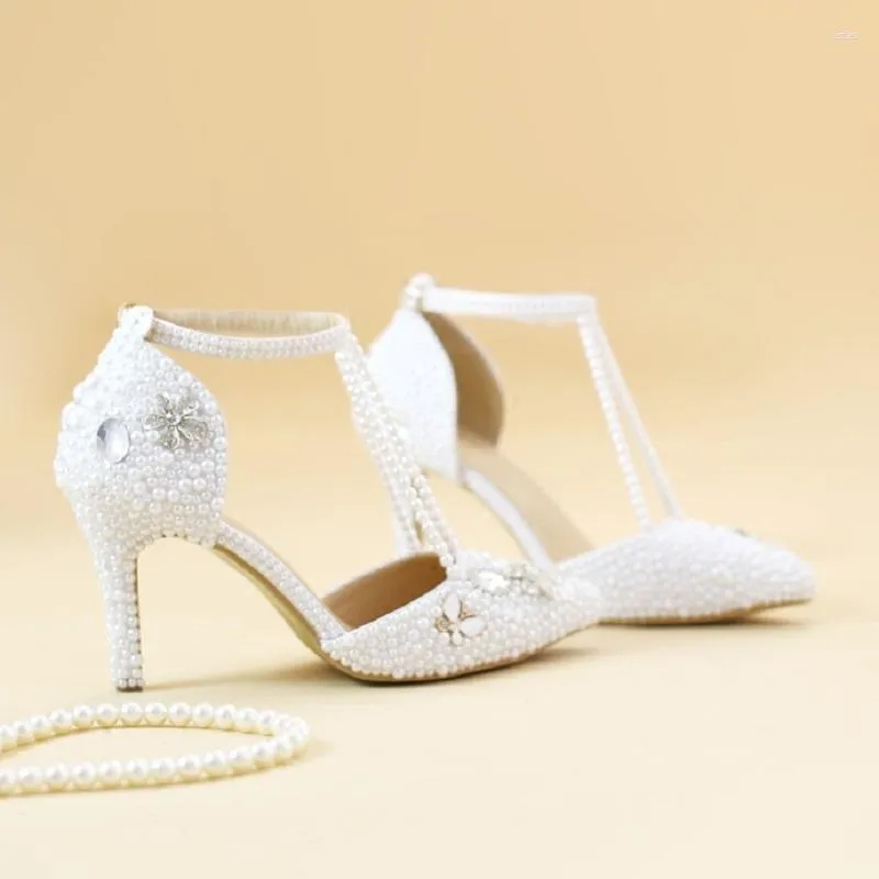 Sandaler Summer Pointed Pearl Chain Fine High-Heeled Bridal Wedding Shoes Sexig All-Match Bankettkl￤nning Vuxen g￥va stor storlek Kvinna Sanda