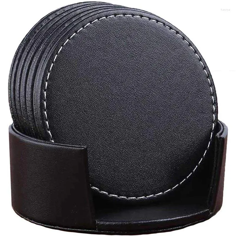 Tapis de table Lot de 6 sous-verres en cuir Tapis rond pour la maison et la cuisine Noir