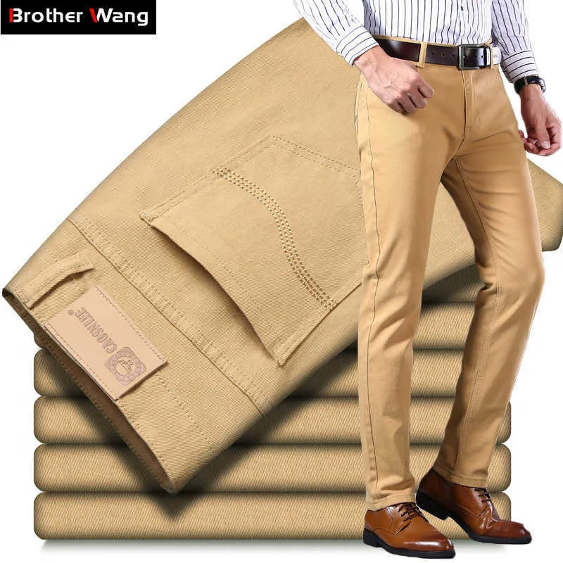 2022 nya Khaki Jeans för män Klassisk stil Affärsmode Enfärgad Stretch Raka jeansbyxor Byxor av manligt märke_voghion.com