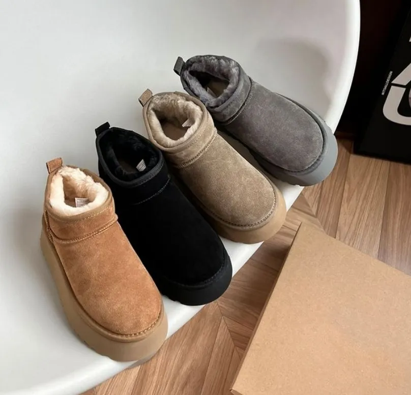 2022 Новое прибытие Зимнее Ultra Mini Platform Designer Designer Angle Snow Fur Boot Brown Australia Теплые пинетки для женщины настоящая кожа