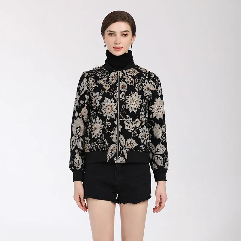 Kadın ceketi kısa bahar ve sonbahar klasik boncuklar lotus desen mizaç ince sıradan siyah küçük stand yaka ceket