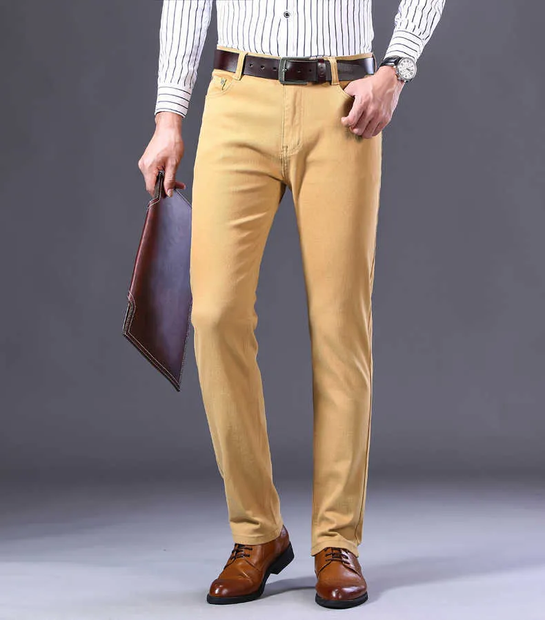 2022 nya Khaki Jeans för män Klassisk stil Affärsmode Enfärgad Stretch Raka jeansbyxor Byxor av manligt märke_voghion.com