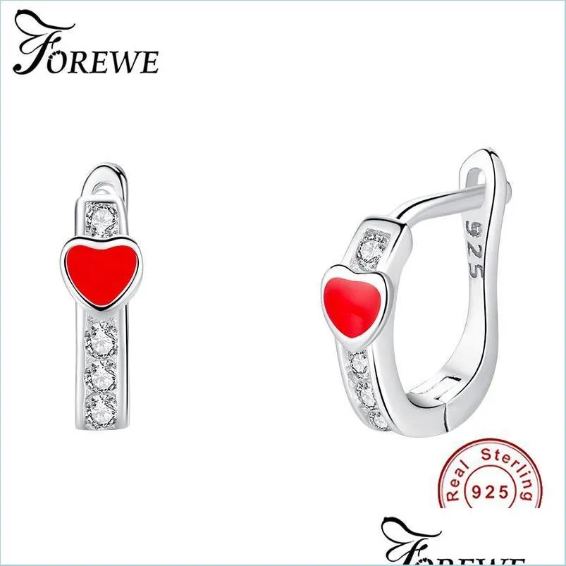 Stud Stud Forewe 925 Sterling Sier Boucle D'oreille Avec Cristal Cz Rouge Émail Minuscule Coeur Boucles D'oreilles Pour Femmes Filles Mode Mignon Bijoux Cadeau Dhozn