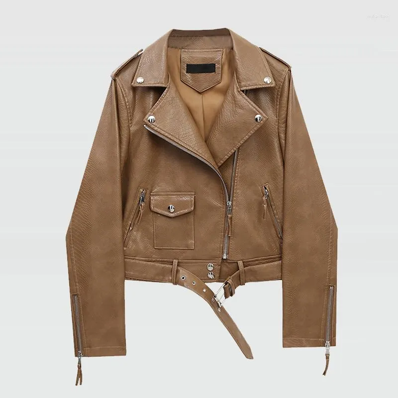 Skóra damska 2022 Spring Autumn Slim Brown Pu Płaszcz Wzór węża damskiego Nit Pasek zamek błyskawiczny Faux Motorcycle Full Jacket Streetwear