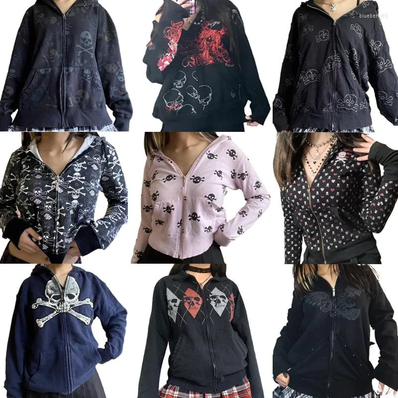 Damhoodies Mall Goth Skulls Print Retro Sweatshirts E-girl Gothic Dark Academia Emo Jackor Jackor 00-tal Vintage Y2K Grunge Zip Up Hooides