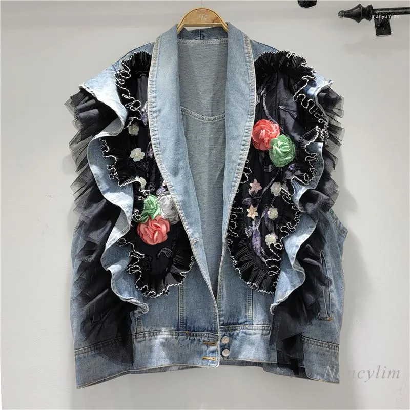 Gilets pour femmes 2022 été automne Denim gilet pour femmes conception dentelle plissée volants couture fleurs tout correspondant jean gilet haut