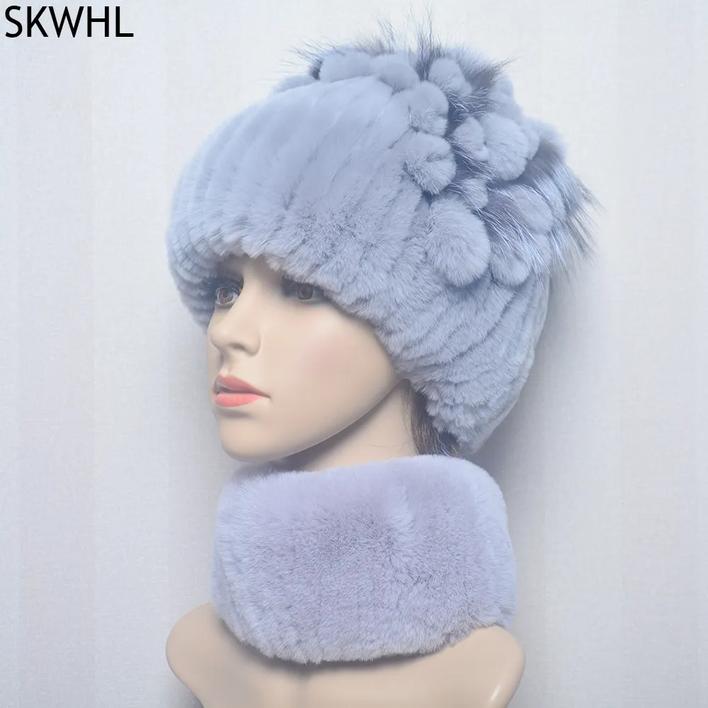 Chapeaux et écharpes ensembles Style dame tricot fourrure silencieux 2 pièces femmes chaud Rex lapin chapeau écharpe hiver naturel casquette 221103