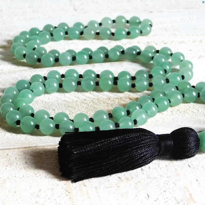 Kedjor Natural Aventurine Hand Knutt Mala halsband Boho smycken Healing Stone Pray P￤rlor 108