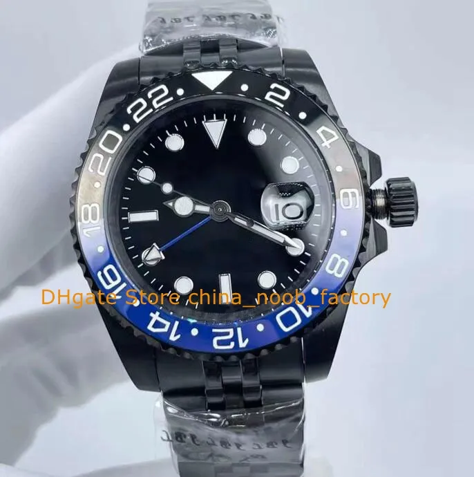 4 Стиль с коробкой Часы Мужские полностью черные DLC PVD 40 мм Синий керамический безель Стальной браслет Спортивные мужские 2813 Движение Автоматические механические часы