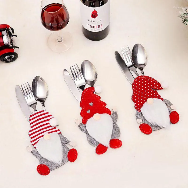 Christmas Decorations 2Pcs Faceless Doll Santa Claus Tableware Holder Bag Fork Knife Cutlery Cover For Home 2023 Noel