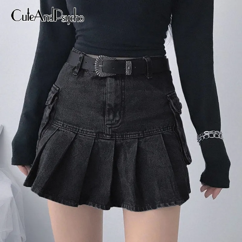 Jupes Vintage Plissée Denim Femmes Dark Academia Mode Goth Noir Taille Haute Jupe 90s Poches Coréennes Cuteandpscho 221103