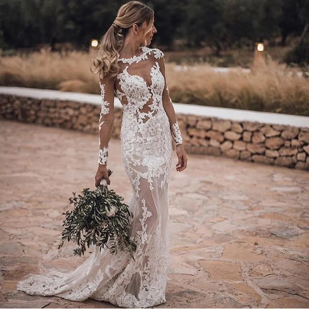 Sexy Illusion Sweetheart Applique in pizzo Abiti da sposa a sirena Maniche lunghe Abiti da sposa Aperto indietro Matrimonio formale bianco Bri