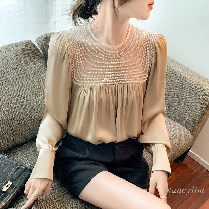 Dames Blouses Heavy Pearl Beaded Mesh Stiksels Satijn Dieptepunt Chiffon Shirt Dames Herfst En Winter Design Temperament Blouse Top