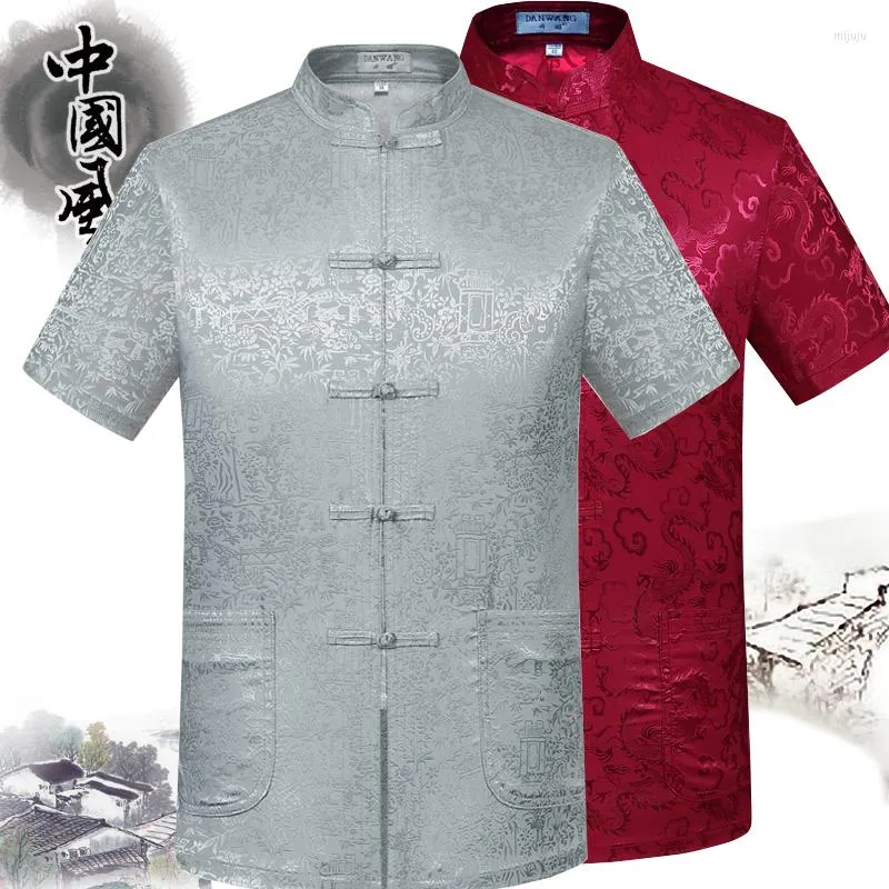 T-shirts pour hommes d'été d'âge moyen et personnes âgées Costume Tang chemise à manches courtes pour hommes style ethnique bouton de disque en vrac chinois rétro papa grand