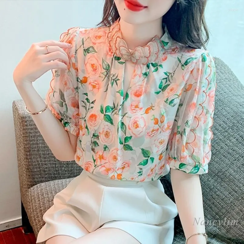 Blouses feminina Plano de arco colar camisa de chiffon floral para mulheres 2022 Verão Summer Folding Super-Fairy Sweet Top Blusas Mujer