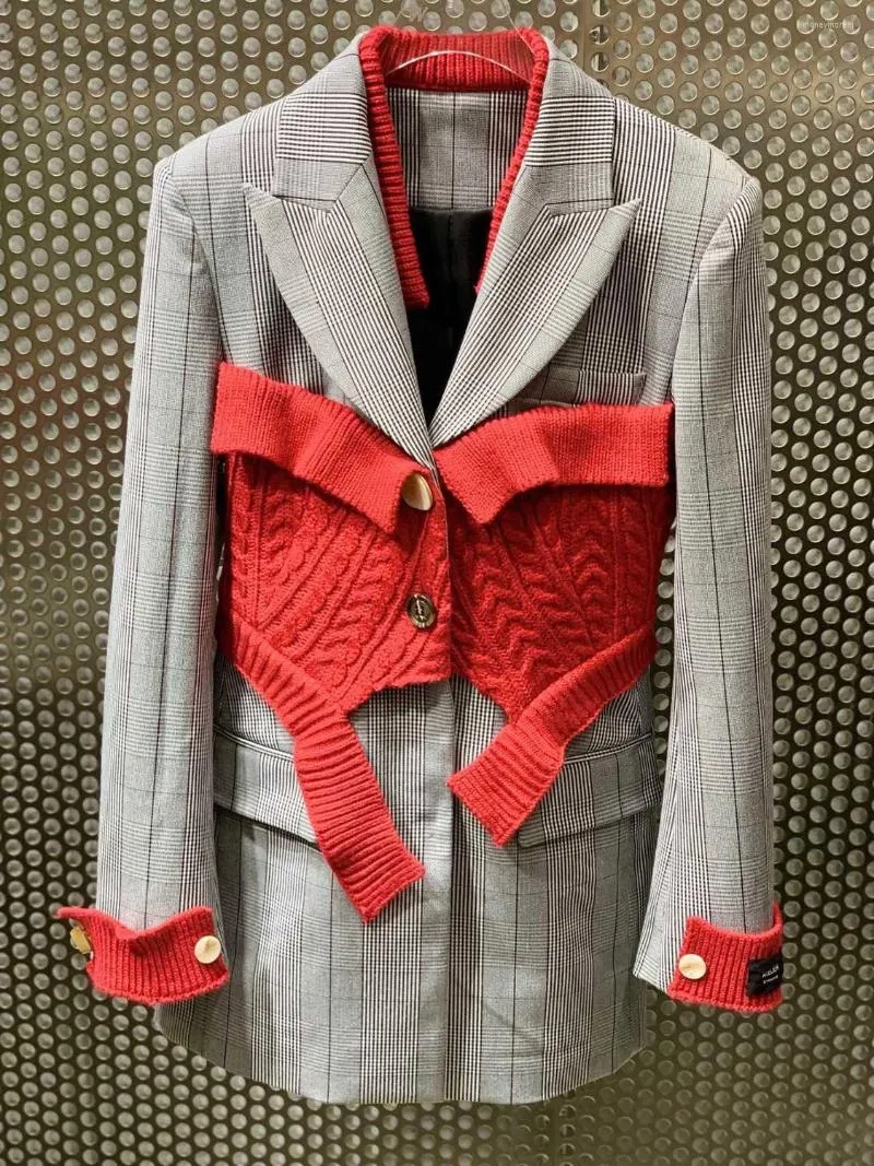 Frauenanzüge Gewinner Hohe Herbst Qualität Frauen Patchwork Gestrickte Plaid Blazer Mantel Für Damen Jacke Kleidung Ddxgz1