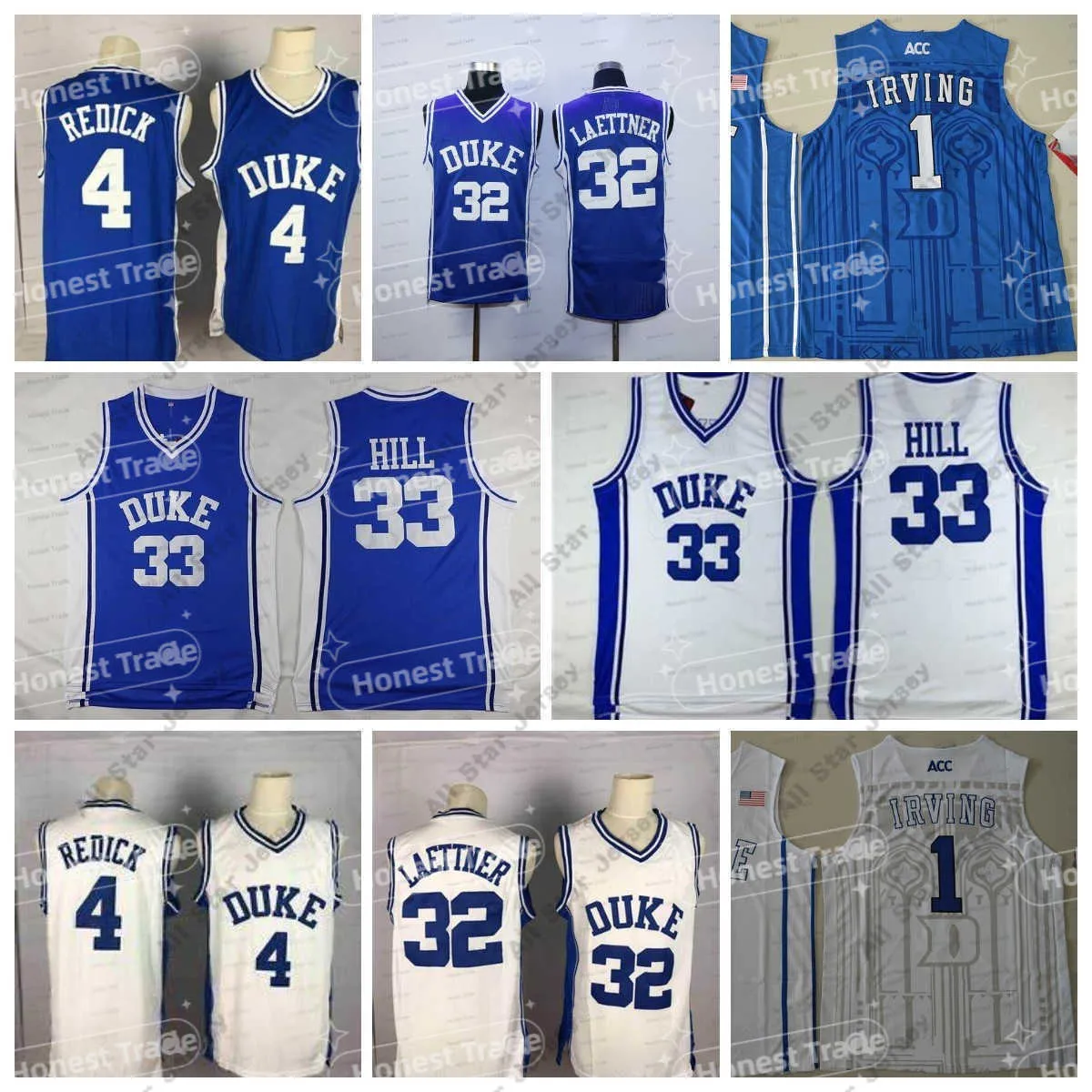 Баскетбольные майки NCAA Mens College Basketball Jerseyss 1 Кайри Ирвинг 0 Джейсон Татум 4 Джей Джей Редик 32 Кристиан Леттнер 33 Грант Хилл Блю Уайт Университет