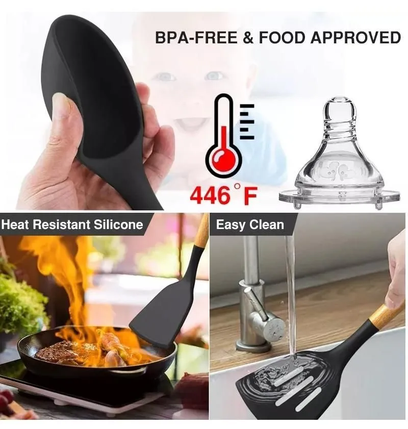 Ustensiles De Cuisine En Silicone Avec Manche En Bois - Spatule, Louche Et écumoire Résistants à 220°C