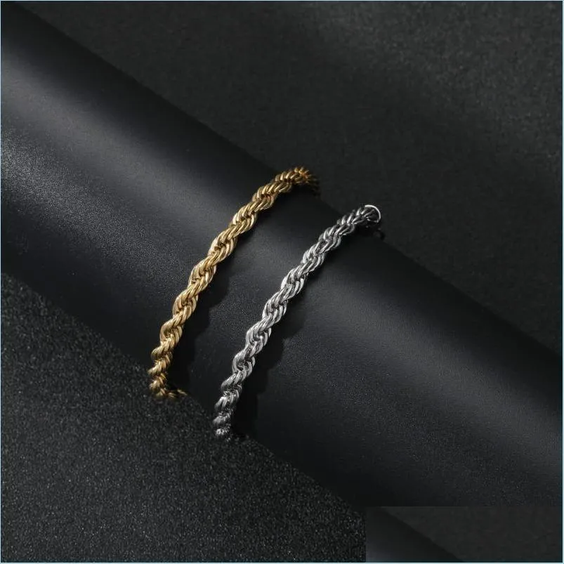 Cadeia de corrente 5/m de corda Bracelets masculinos de aço inoxidável cor de ouro à mão Moda Hip Hop Twist Bracelet para masculino por atacado 7inch Dhmqb