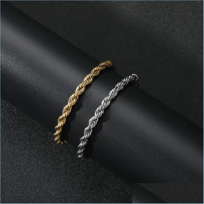 Chaîne Lien Chaîne 5 / M Corde Bracelets Hommes En Acier Inoxydable Or Couleur À La Main Mode Hip Hop Twist Bracelet Pour Homme En Gros 7 Pouces Dhmqb