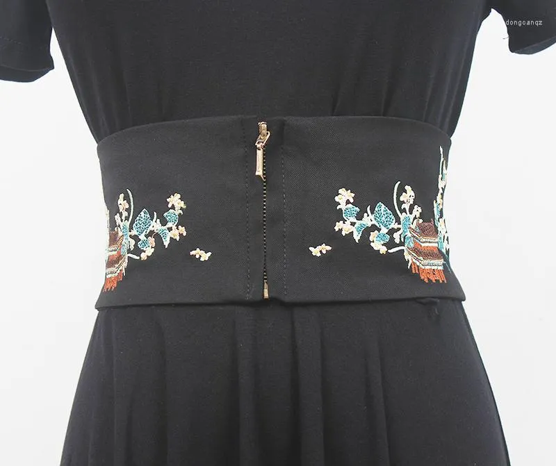 Belts Vintage Chinese Embroidery Wide Corset Zipper Elastic Waistband Fashion Ladies Tradtional Embroidered Fabric Waist Belt Cinture