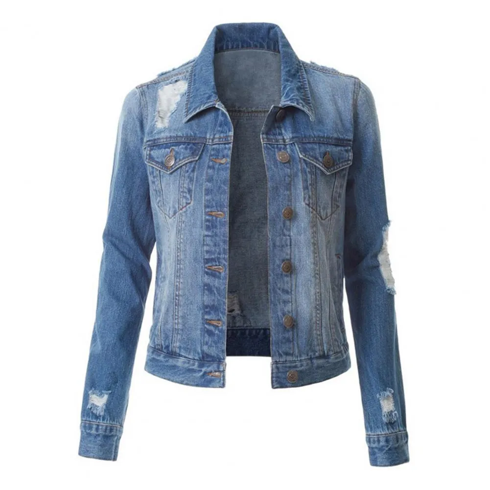 QNPQYX Mode Frauen Denim Jacke Mantel Einfarbig Zerrissene Löcher Herbst Winter Einreiher Revers Tasten Jeans Oberbekleidung Streetwear