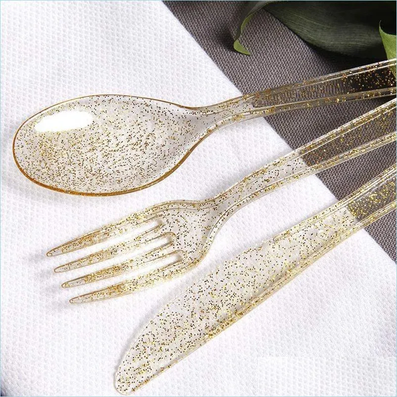 Gold Glitter Plastic Cutlery Set Elegant Disposable Dessert Utensils For Weddings, Birthdays