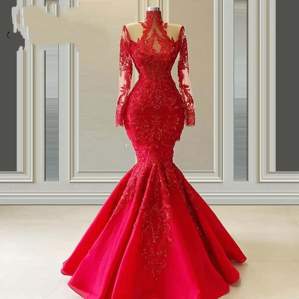 Luxurious Red Lace Dresses Evening Women Mermaid Prom Dress Illusion Long Sleeve High Collar Beaded Pageant Mother Of The Bride Party plus size