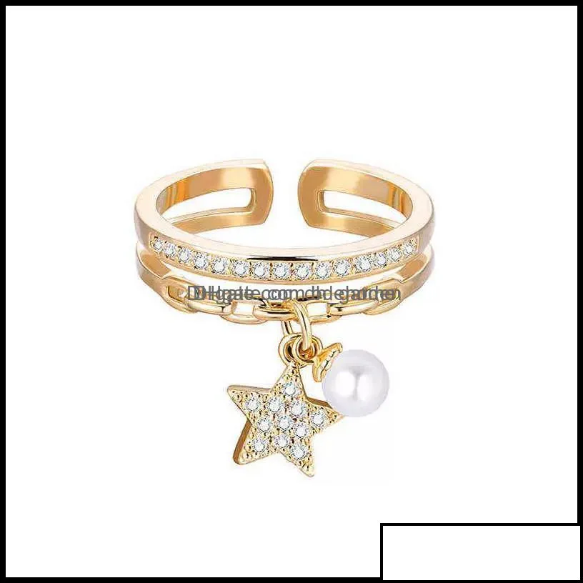 Bandringar band ringar smycken guld sier färg ring för kvinnor klassisk justerbar storlek plus imitation pearl cz stjärna pendel elegant ae otpqx