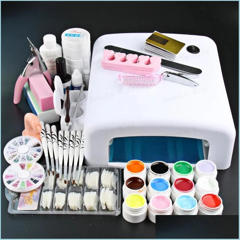 Nail Manicure Set Nail Manicure Set Wholesale Professional Fl 12 Color Uv Gel Kit Brush Art Add 36W Curing Lamp Dryer Curining Tools Dhuyx