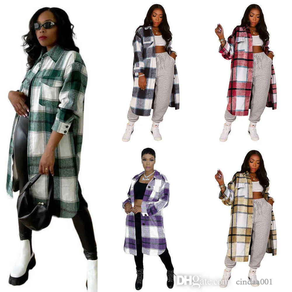 Kvinnor Plaid Blusar Skjortor Long Coat Fashion Women Spring Winter Loose Pocket Ladies Casual Elegant Outwear